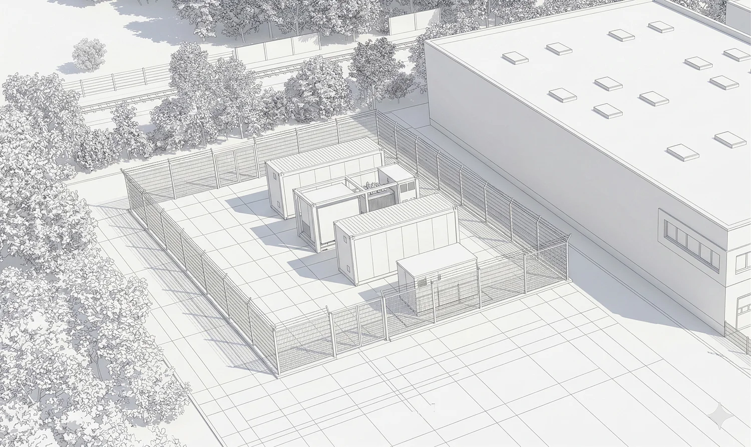 Skizze eines industriellen Batteriespeicher-Projekts im Megawatt-Bereich